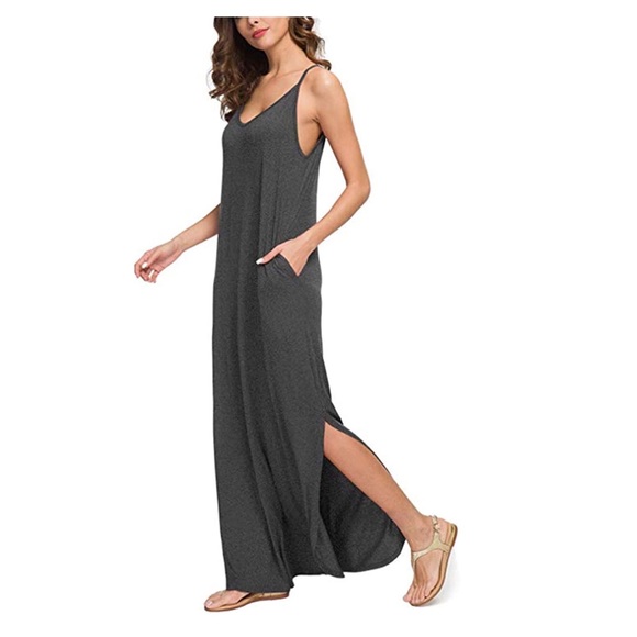 NEW LAMISSCH Strappy Cami Maxi Long Dress V Neck with Pockets Slits - Picture 3 of 3